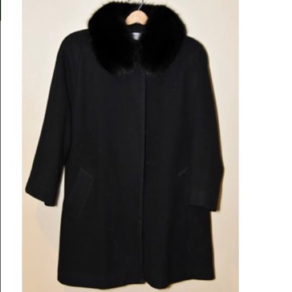 Vintage Black wool over coat with fox fur collar